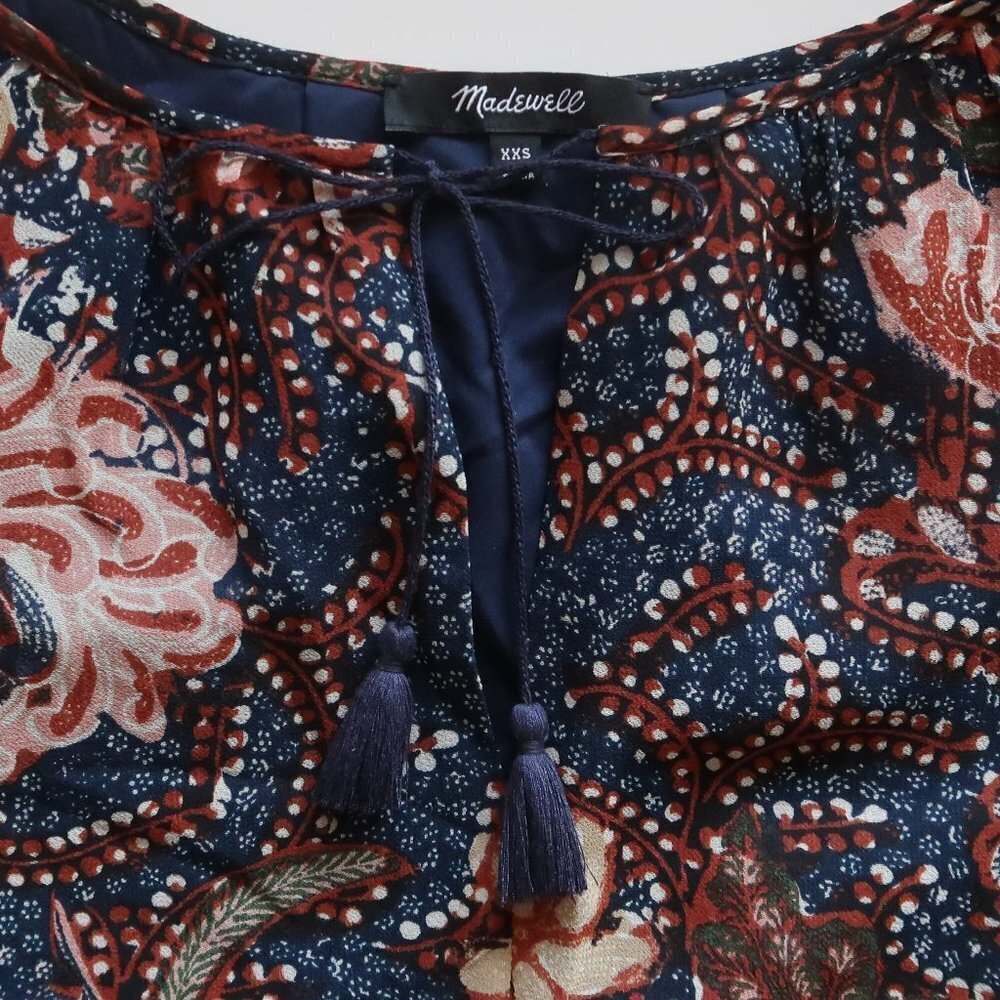 Madewell Navy & Brown V-neck Tassel Tie Flutter Sleeve Ruffle Hem Mini Dress XXS - Picture 12 of 16